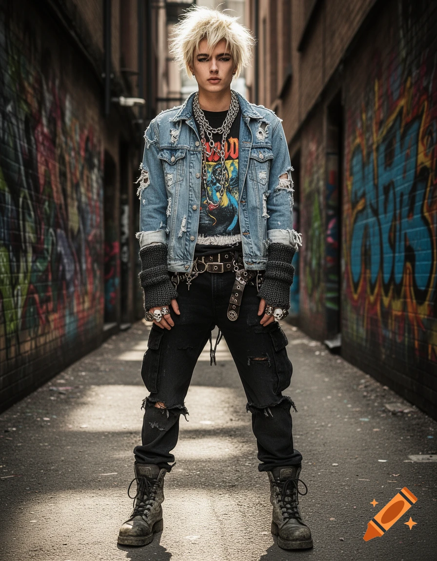 A person with spiky blonde hair, dressed in distressed denim, ripped jeans, and many chains and skull rings, standing in a graffiti-covered alley.