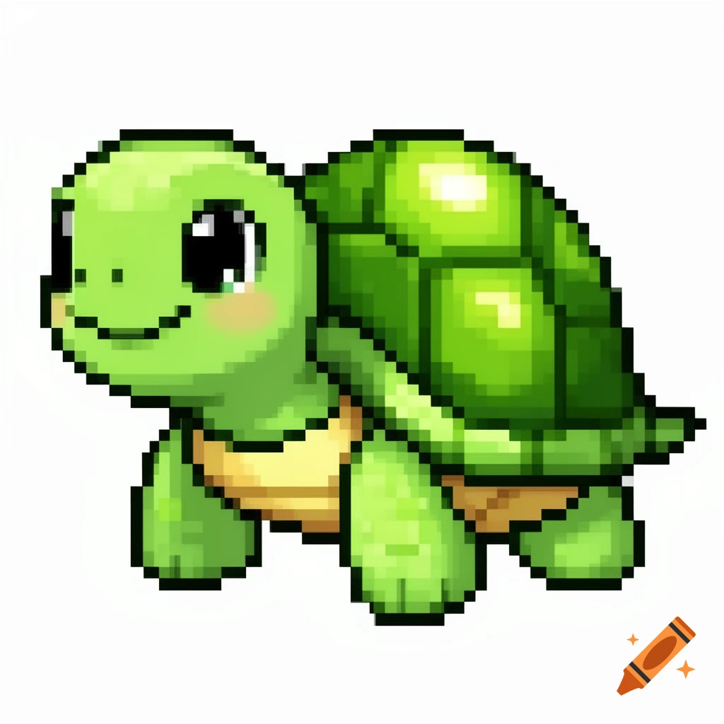 A cute green pixel art turtle with large eyes and a friendly smile, on a white background.