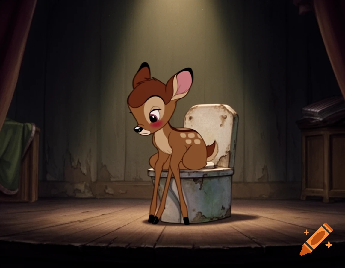 Bambi, looking embarrassed, squats on a used potty chair on a dimly lit, cheap theater stage, in Disney movie style.