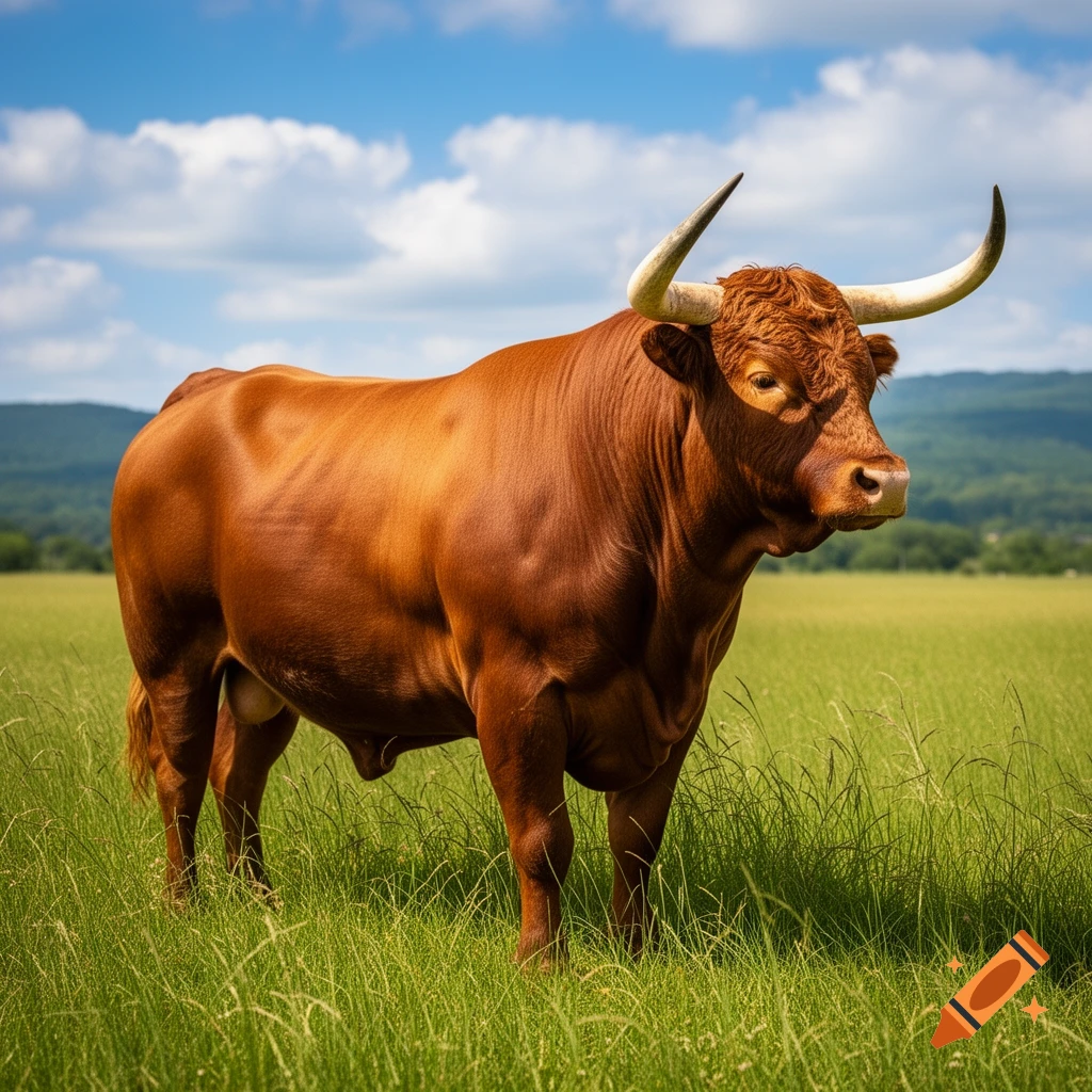 A large, muscular brown bull with long horns stands in a vibrant green pasture under a blue sky with white clouds, photorealistic.