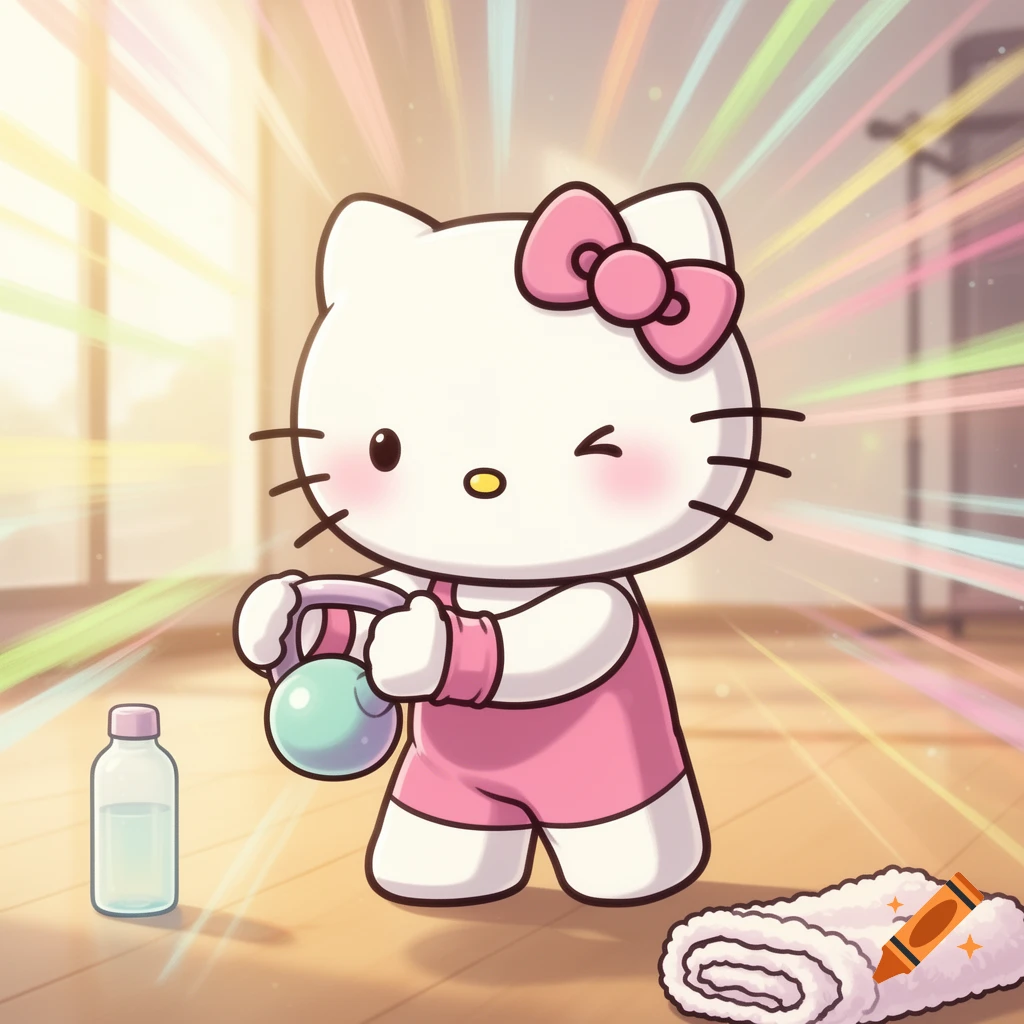 Hello Kitty in a pink workout outfit winks while doing kettlebell biceps curls in a bright gym, with a water bottle and towel nearby.
