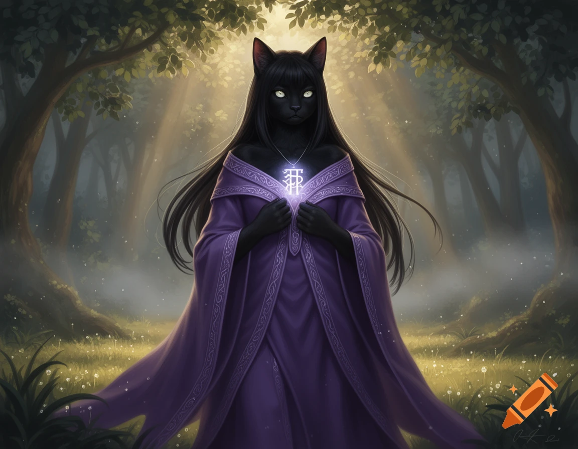 A black cat-like humanoid in purple robes with a glowing rune on her chest stands in a mystical forest with sunbeams.