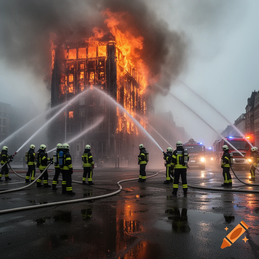 Firefighters battle a massive building fire with multiple hoses on a wet street. Fire trucks with flashing lights are in the background.