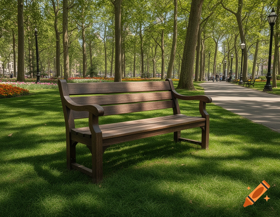 A wooden park bench sits on green grass under tall trees in a sunny park with a walking path.