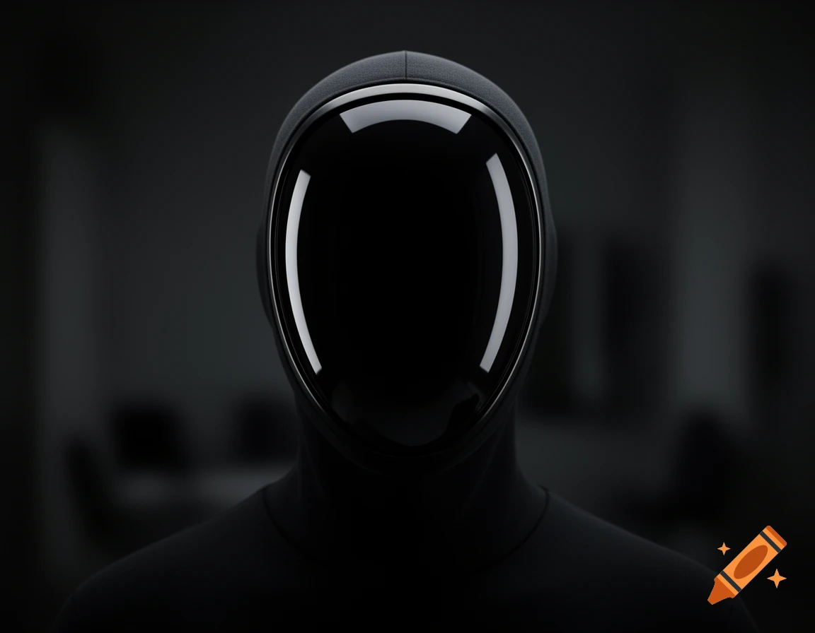 A dark, minimalist close-up of a figure wearing a reflective black mask with a blank, void-like face.