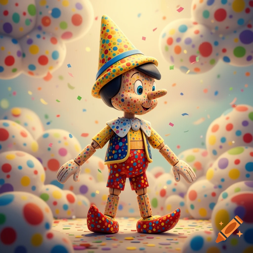 Cartoon Pinocchio covered in colorful polka dots, wearing a party hat, amidst polka-dotted spheres and confetti.
