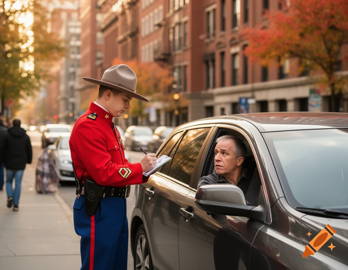 A photorealistic image of an RCMP officer in red uniform writing a ticket to a driver in a car on an autumn city street.