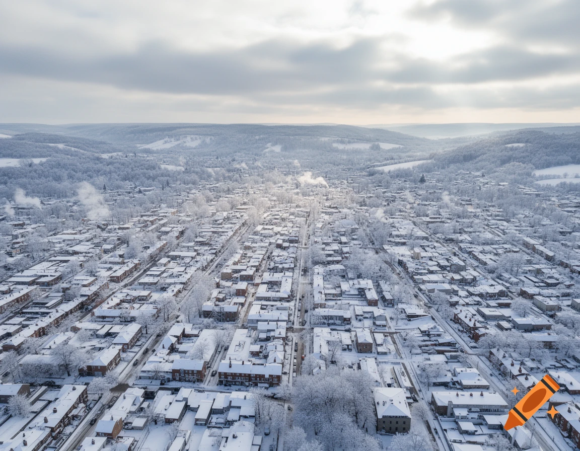 Photorealistic aerial view of a snow-covered town nestled in a valley, with houses and trees blanketed in white under a cloudy sky.