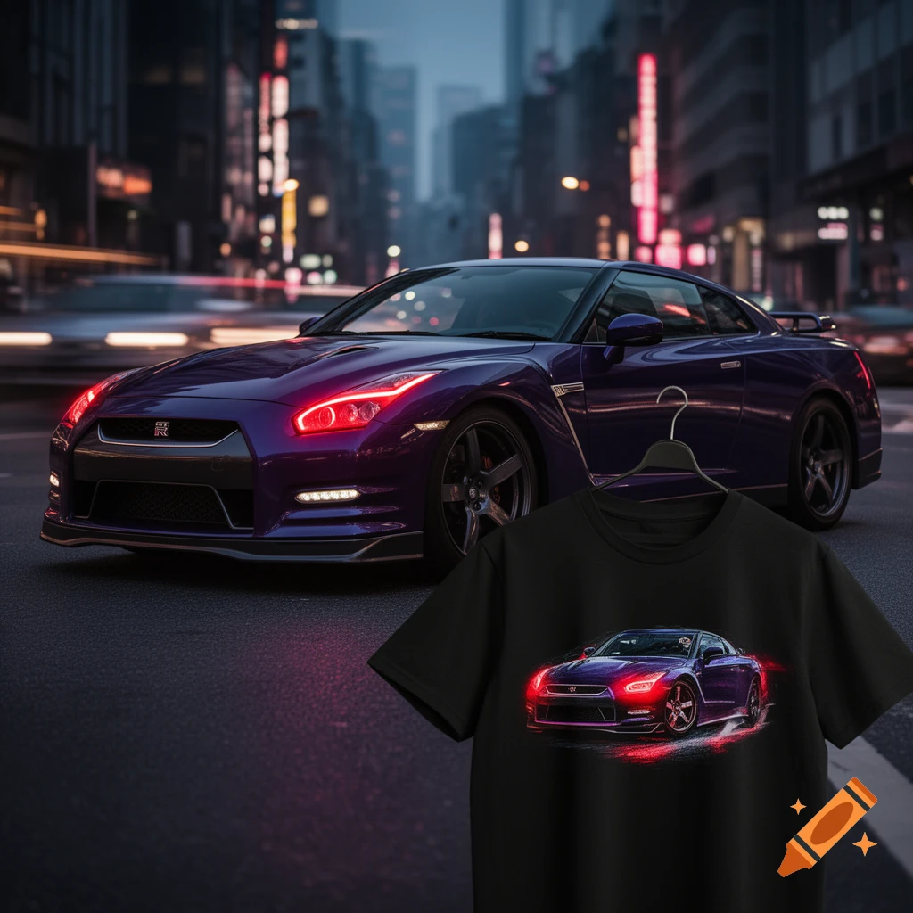 A purple Nissan GT-R sports car with red headlights on a city street at night, with a black t-shirt displaying the same car in the foreground.