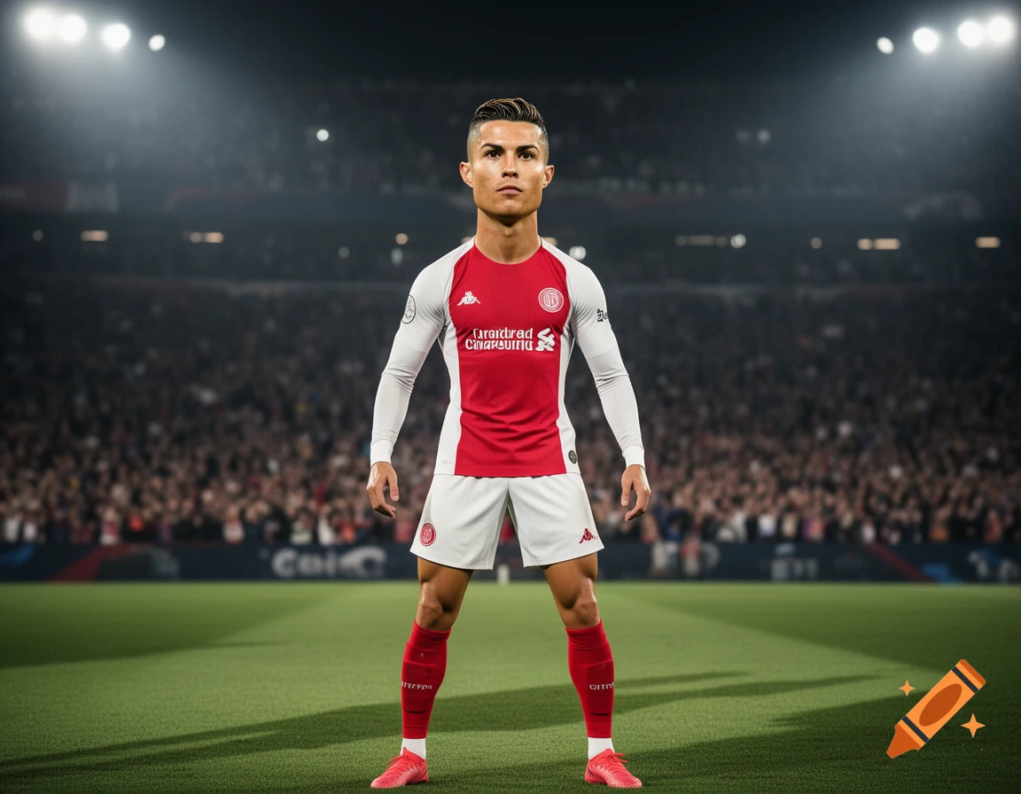 Photorealistic image of Cristiano Ronaldo in a red and white football kit, standing on a pitch in a stadium.
