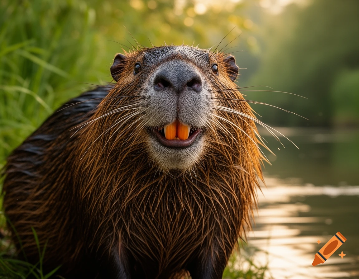 Close-up of a wet nutria with prominent orange teeth, looking directly at the camera with a wide smile, in a sunlit natural setting.