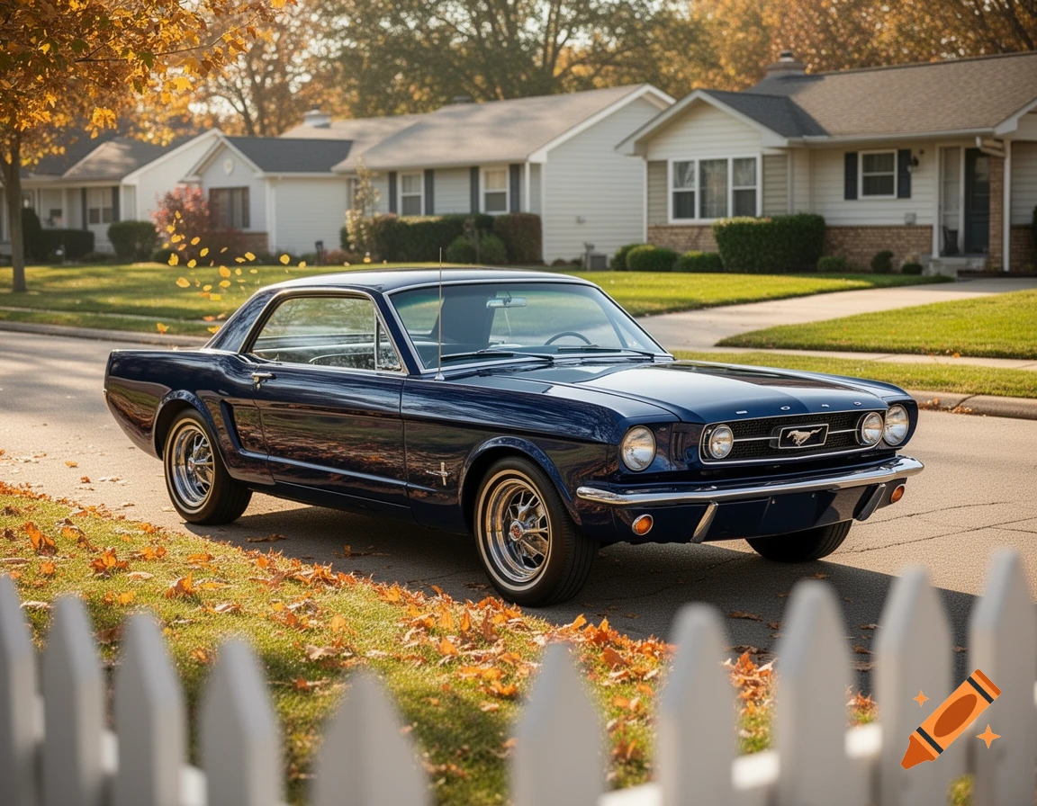 A dark blue classic Ford Mustang coupe parked on a residential street with fallen autumn leaves and houses in the background.