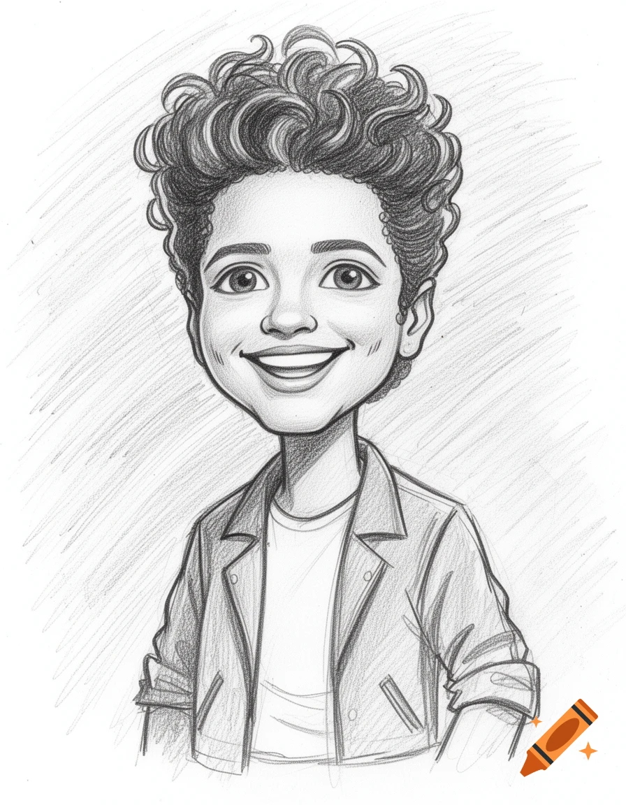 Pencil drawing of a smiling cartoon boy with curly hair wearing a jacket over a t-shirt.