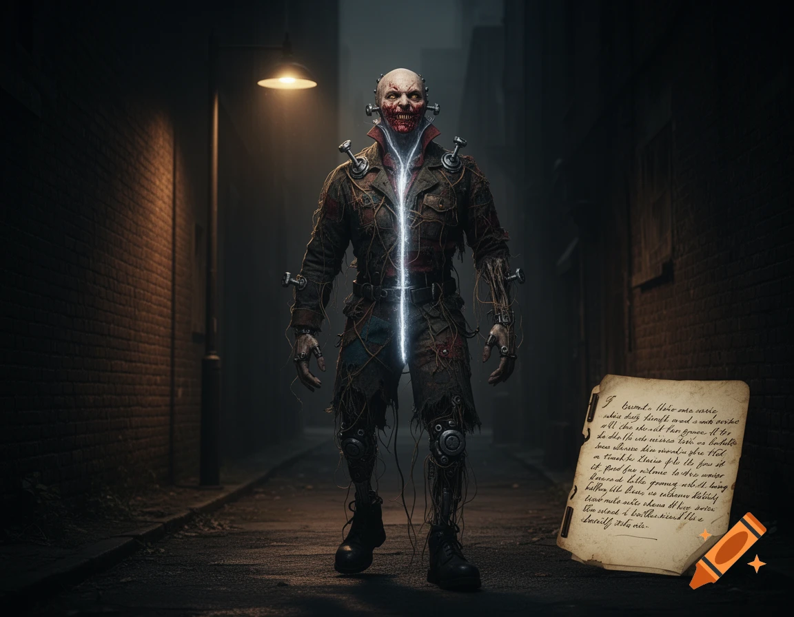 A grotesque, vampire-like humanoid with exposed wires and a glowing chest stands in a dark alley next to a torn piece of paper.