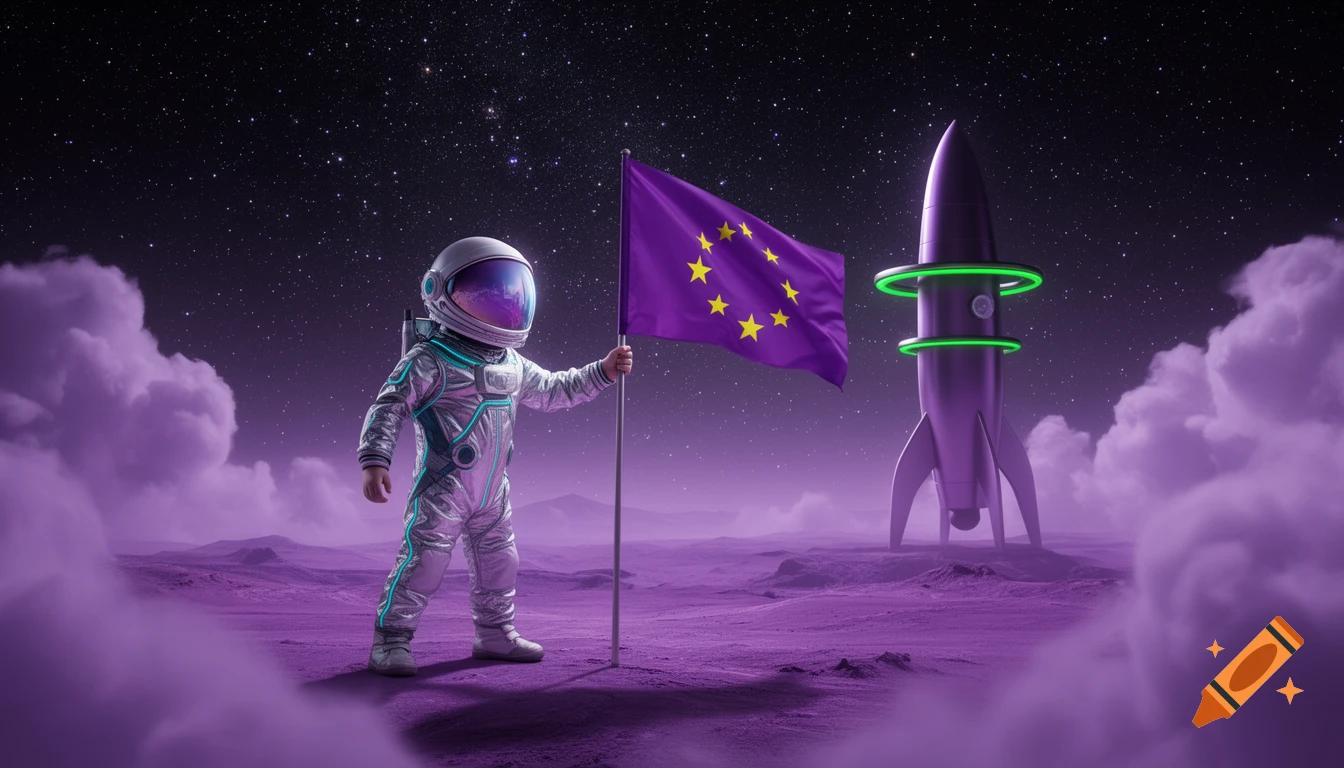 A cartoon astronaut in a shiny suit plants a purple flag with yellow stars on a purple alien planet with a rocket, against a starry sky.