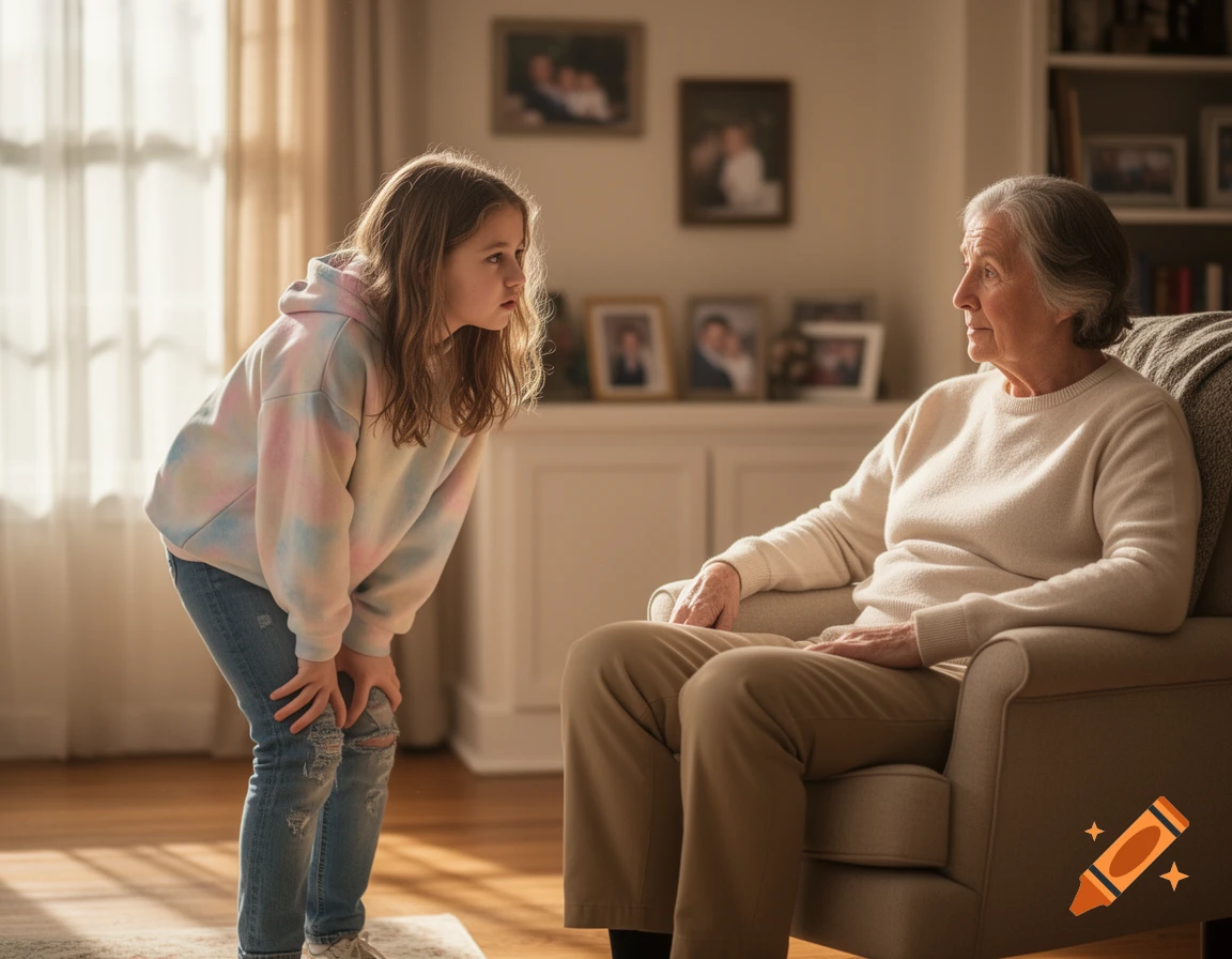 A young girl in a tie-dye hoodie leans towards an elderly woman seated in an armchair in a sunlit living room.