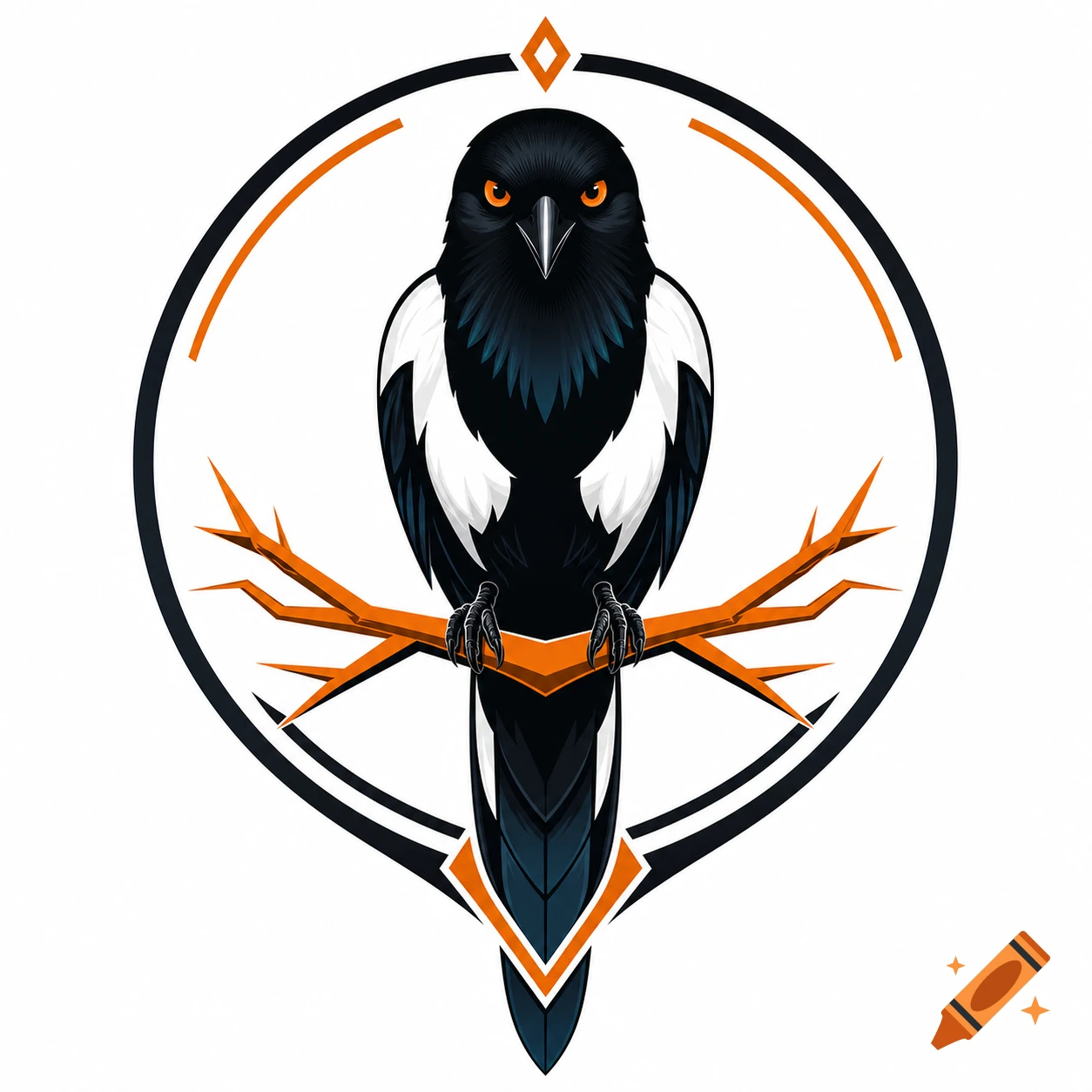 A stylized black and white magpie with orange eyes sits on an orange branch within a circular, geometric logo design.
