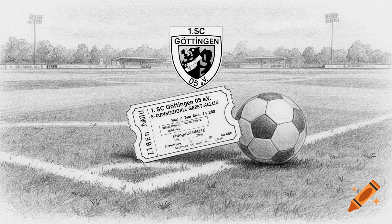 Pencil drawing of a football field with a soccer ball, a ticket for '1. SC Göttingen 05 e.V.', and the club's crest.