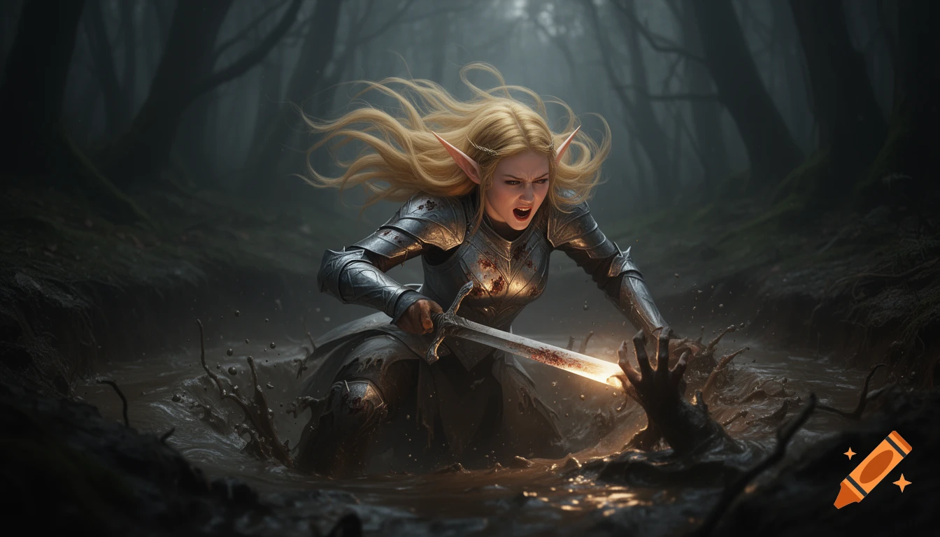 Fierce elven warrior in damaged armor strikes a shadowy arm with a glowing, bloody sword in a muddy forest pit.