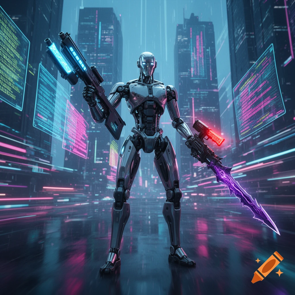 A chrome humanoid robot stands in a neon-lit cyberpunk city, holding a futuristic rifle and a glowing purple sword.