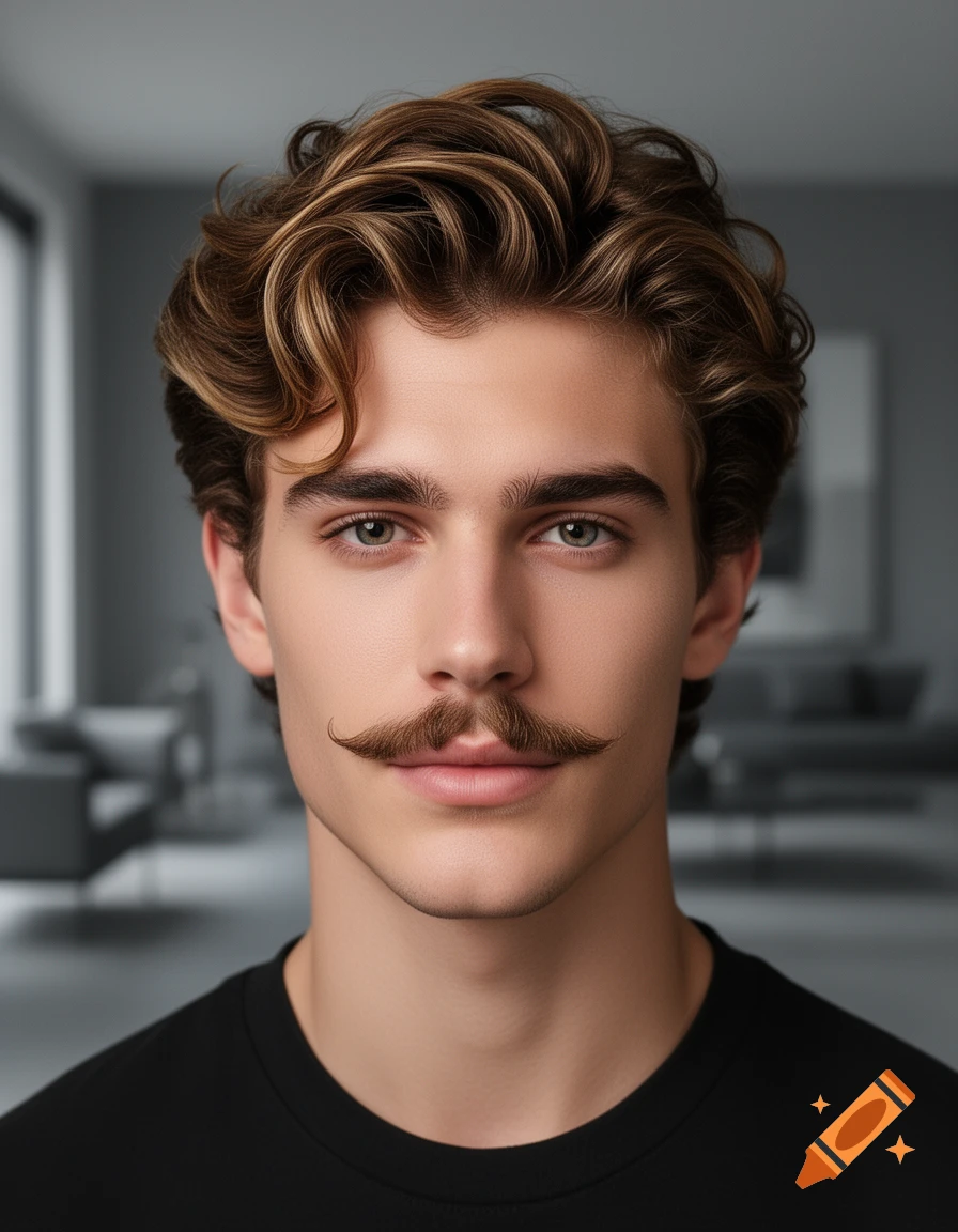 A close-up portrait of a young man with wavy brown and blonde hair and a neat mustache, wearing a black t-shirt.