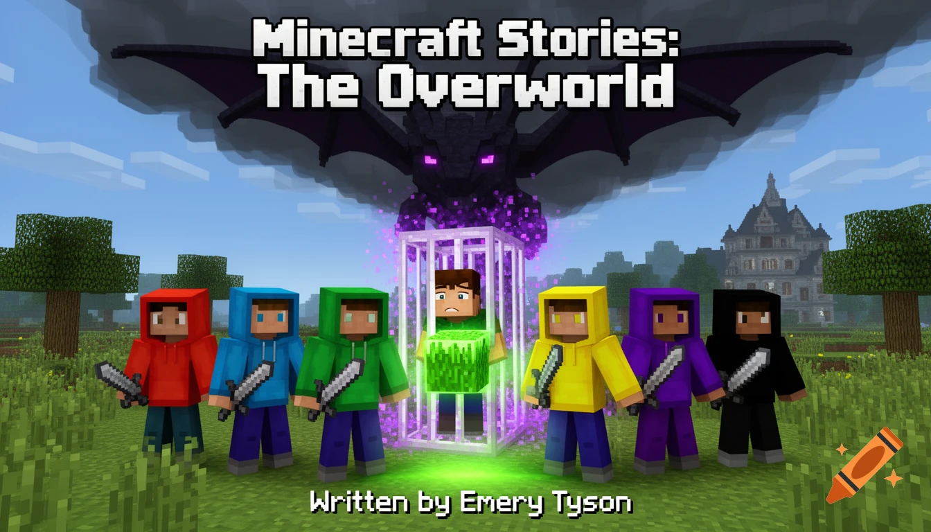Minecraft-style image showing six characters with swords, one glowing, and a boy trapped in a cage. An Ender Dragon looms above a woodland mansion and trees, with text "Minecraft Stories: The Overworld" and "Written by Emery Tyson".