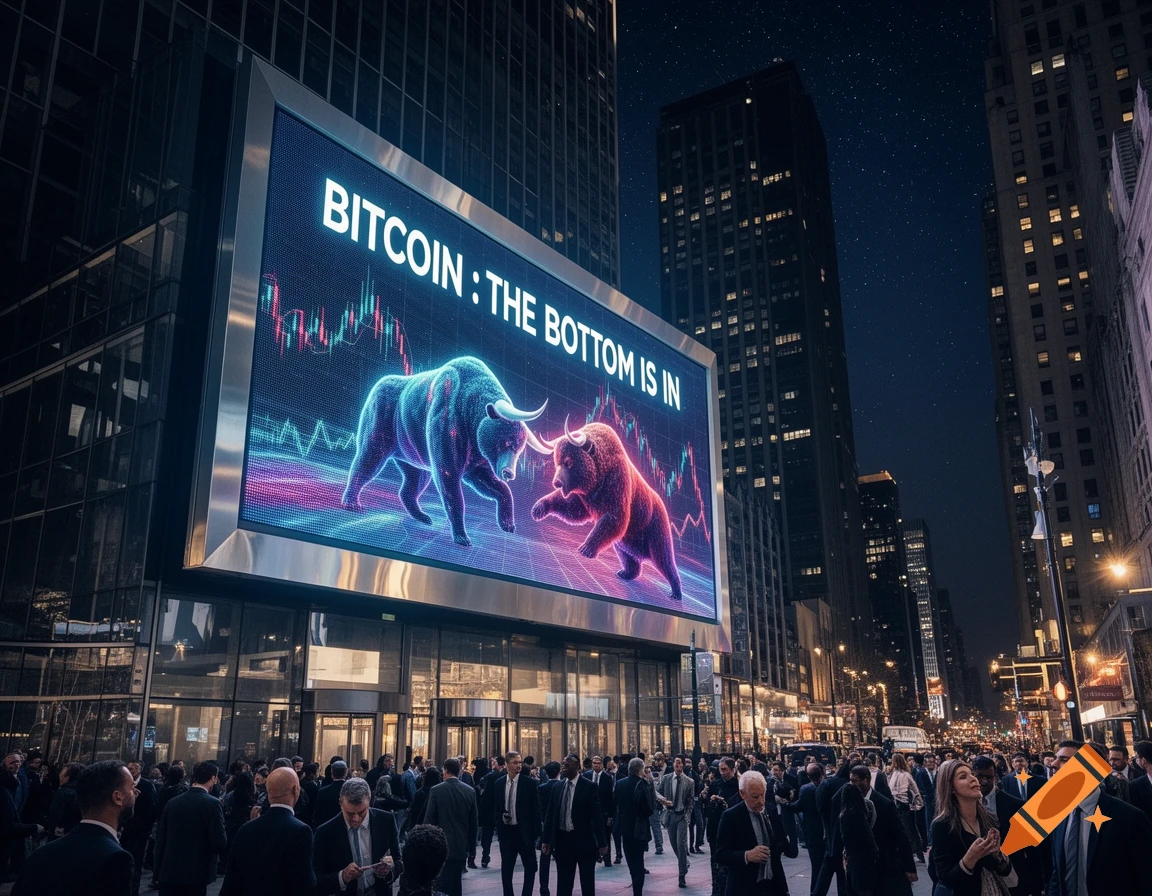 Photorealistic city street at night with a large digital billboard displaying 'BITCOIN: THE BOTTOM IS IN' with two glowing bulls, above a crowd of people.