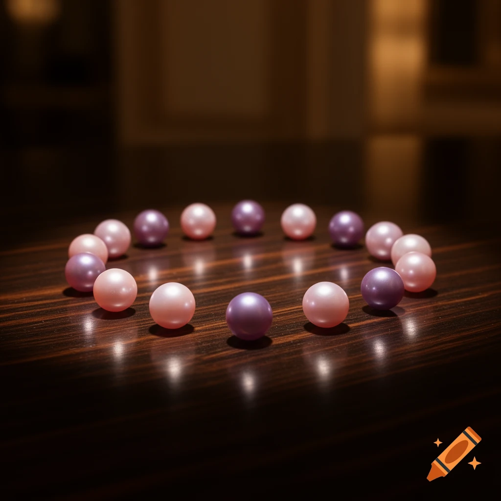 Pink and purple pearls arranged in a circle on a dark, reflective wooden table.