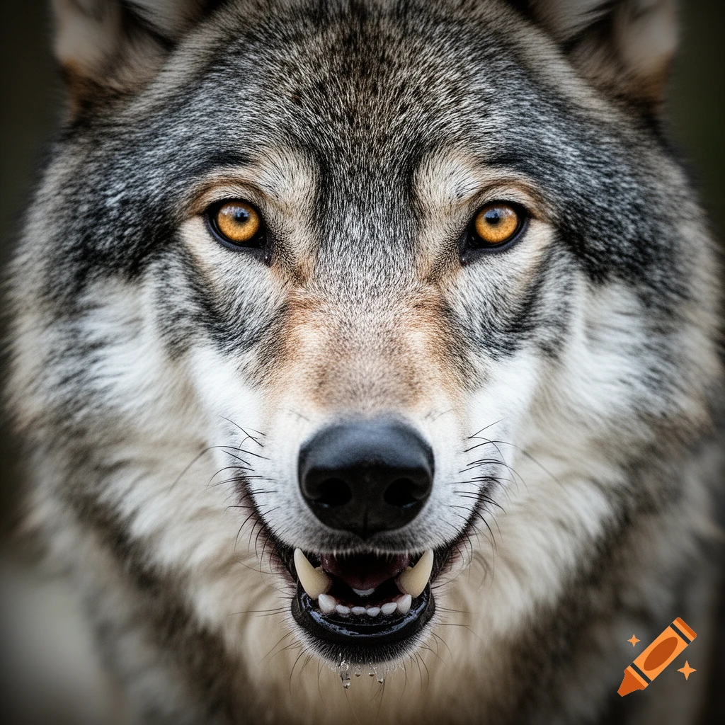A close-up, photorealistic front view of a wolf's face with intense orange eyes and bared teeth.