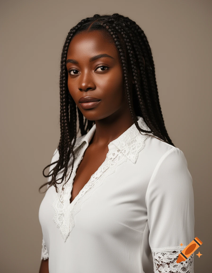 A headshot of a young Black woman with braided hair, wearing a white lace-trimmed blouse, looking directly at the viewer.