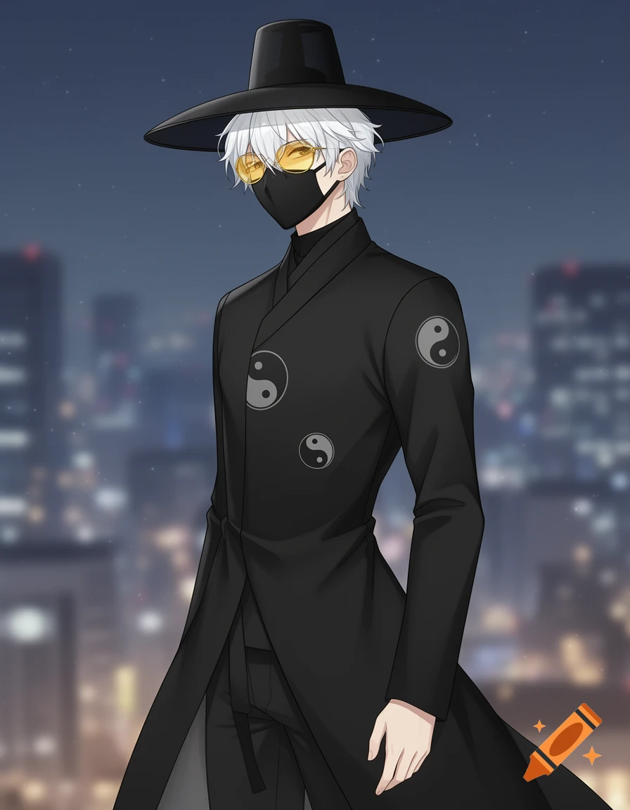 Anime boy with white hair, black Gat hat, yellow sunglasses, mask, and black coat with Yin and Yang symbols, city background.