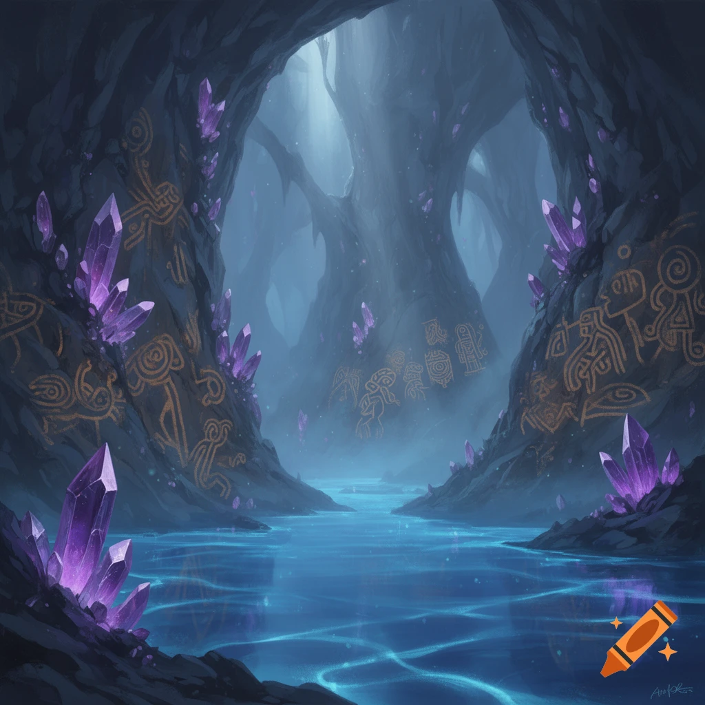 A fantasy cave with glowing blue water, purple crystals, and tribal drawings on the dark rock walls.