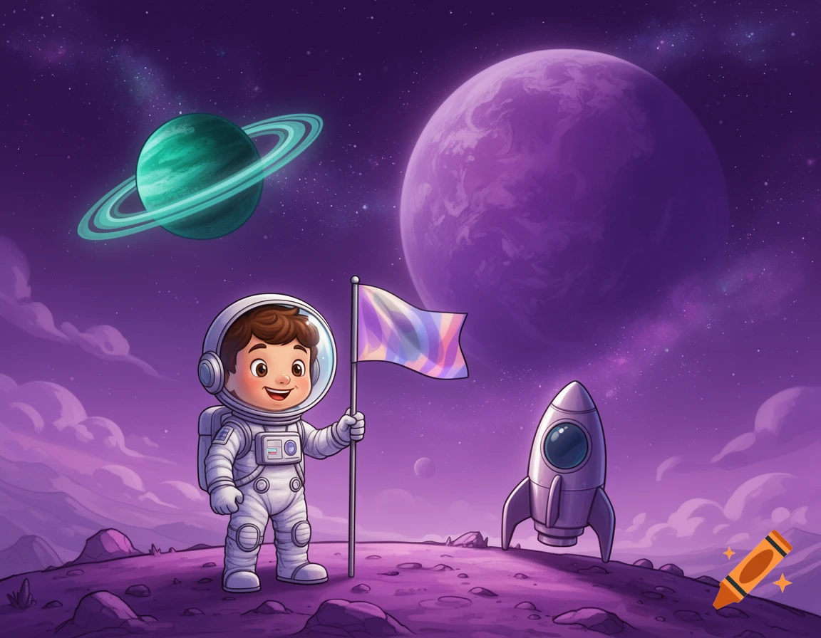 A happy cartoon child astronaut holds a colorful flag on a purple alien planet with a rocket, a ringed planet, and a large purple planet in the background.
