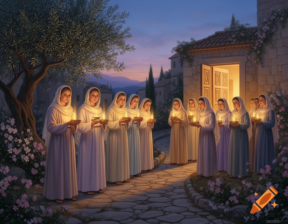 A line of young women in white and colored robes stand outdoors at dusk, holding lit oil lamps in a biblical style illustration.