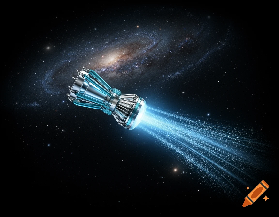 A futuristic blue and silver ion thruster with bright exhaust streaks through dark space, a swirling galaxy visible in the background.
