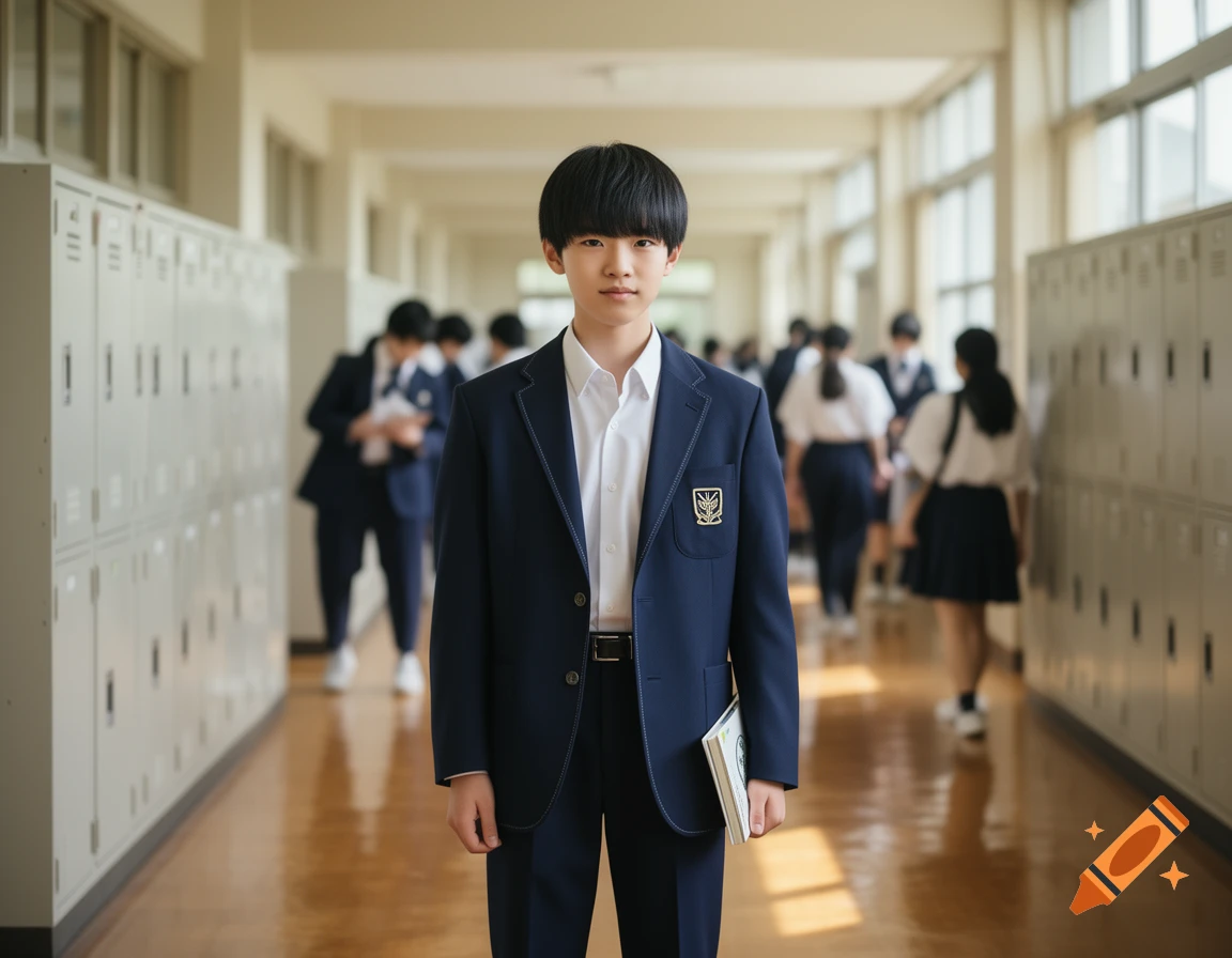 A young male student with black hair and a navy uniform stands in a school hallway with lockers and blurred students in the background, in a photorealistic style.