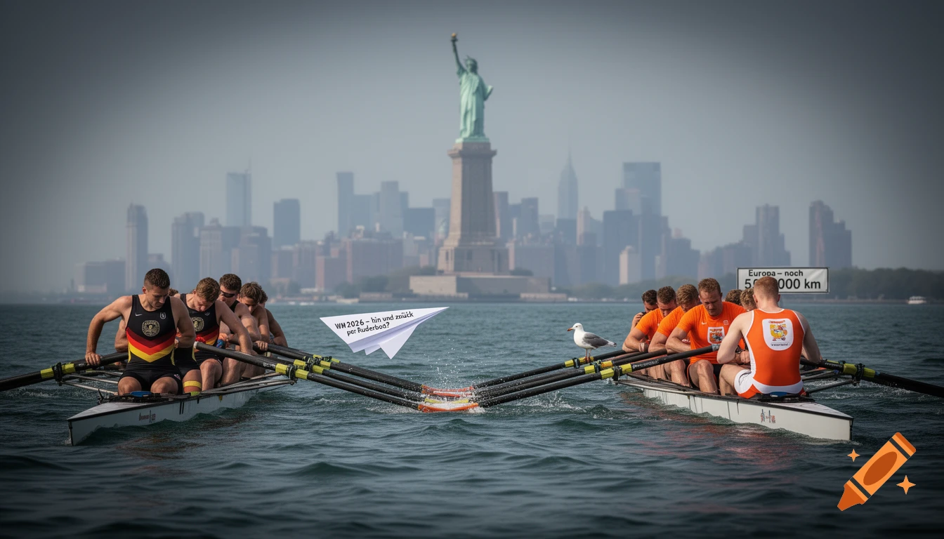 Two rowing boats with teams in German and Dutch uniforms race on the water, with the Statue of Liberty and New York City skyline in the background. A paper plane and a seagull are between the boats.