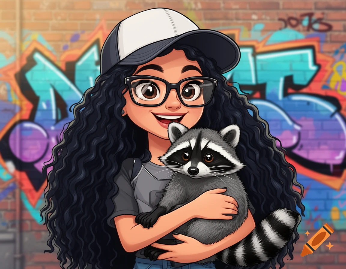 A cartoon girl with long curly black hair, glasses, and a ballcap smiles while hugging a raccoon in front of a colorful graffiti wall.
