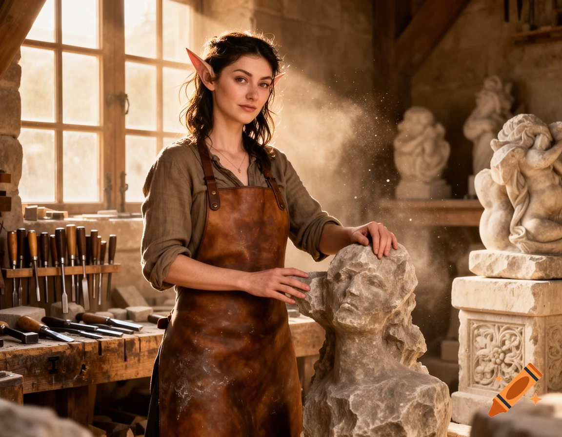 A half-elf female stonemason in a leather apron stands in a sunny workshop, hand resting on a stone bust.