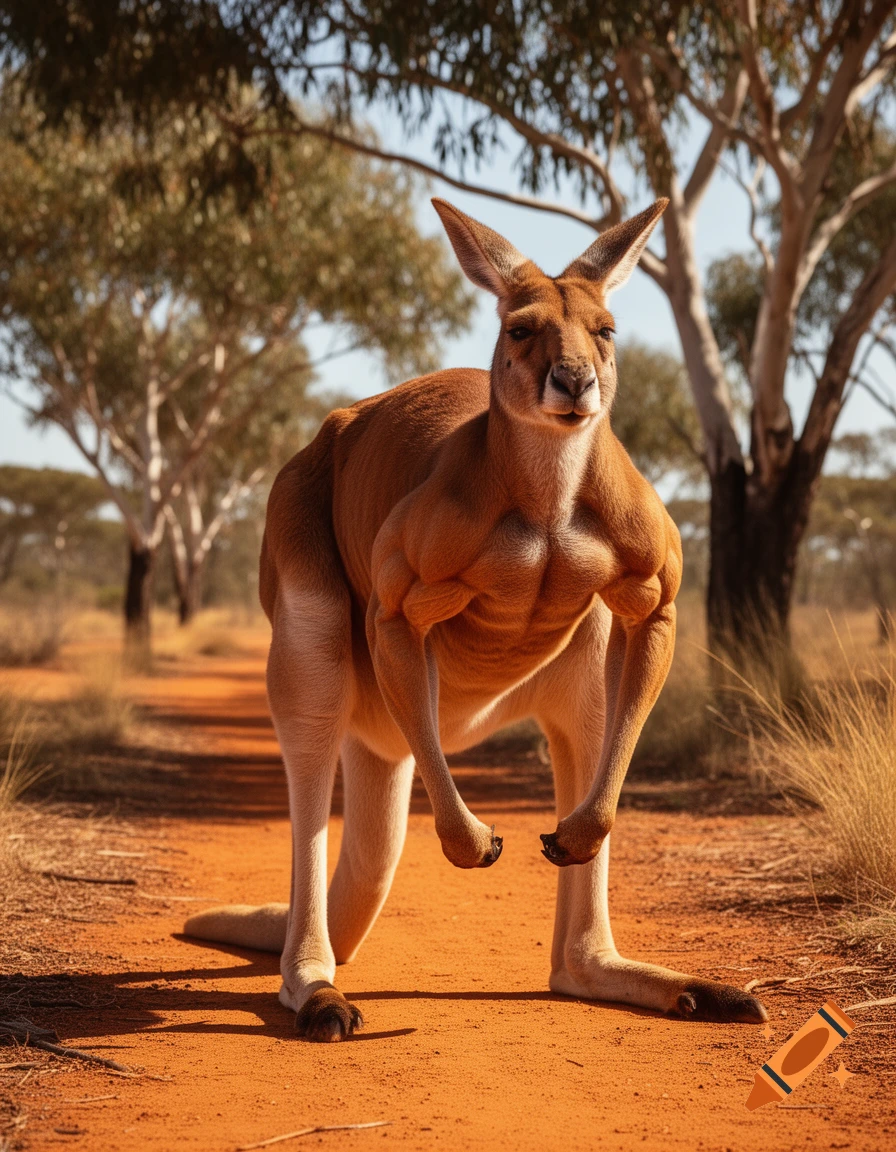 A very muscular, buff kangaroo stands on a dirt road in the Australian outback, looking towards the viewer.