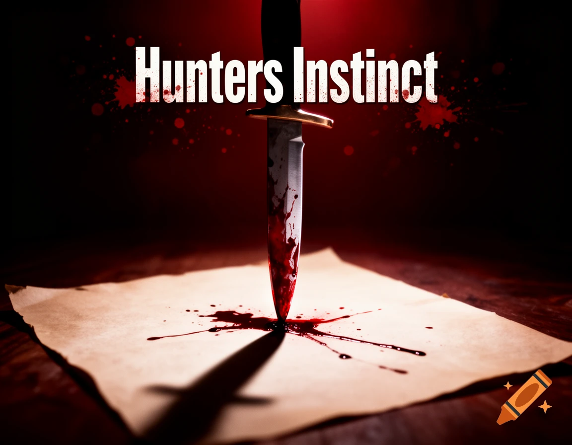 A bloody knife stabbed into a piece of paper, with the words 'Hunters Instinct' above it, against a dark red background.
