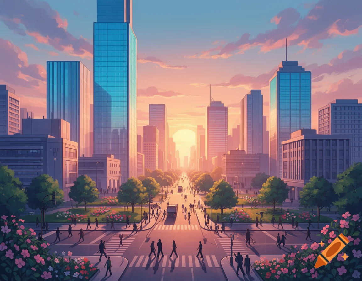 Stylized urban cityscape at sunset with tall buildings, a busy street, pedestrians, and flowering bushes under a gradient sky.