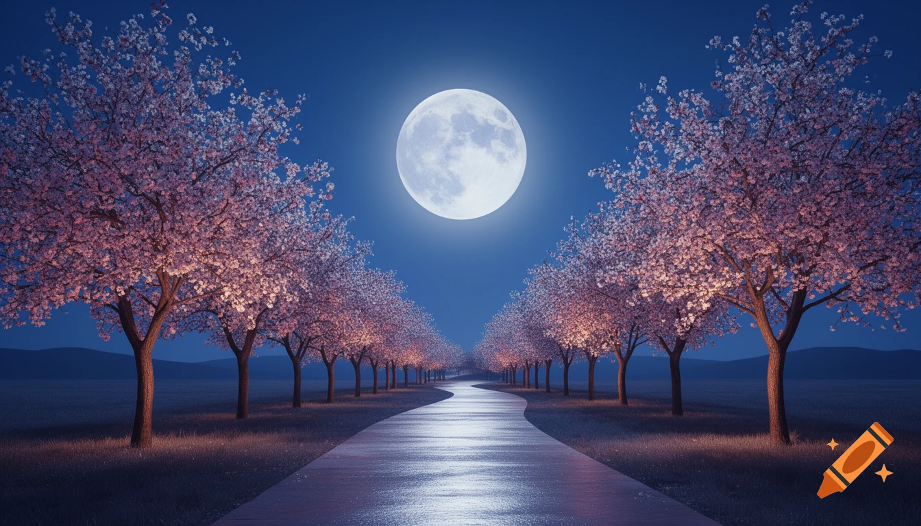 A winding path lined with pink cherry blossom trees under a large, glowing full moon in a serene night landscape.