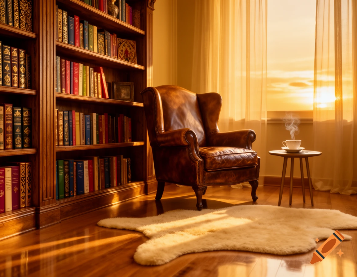 A cozy library nook with a leather armchair, bookshelves, a steaming cup on a side table, and a rug on a wooden floor, bathed in warm sunset light.