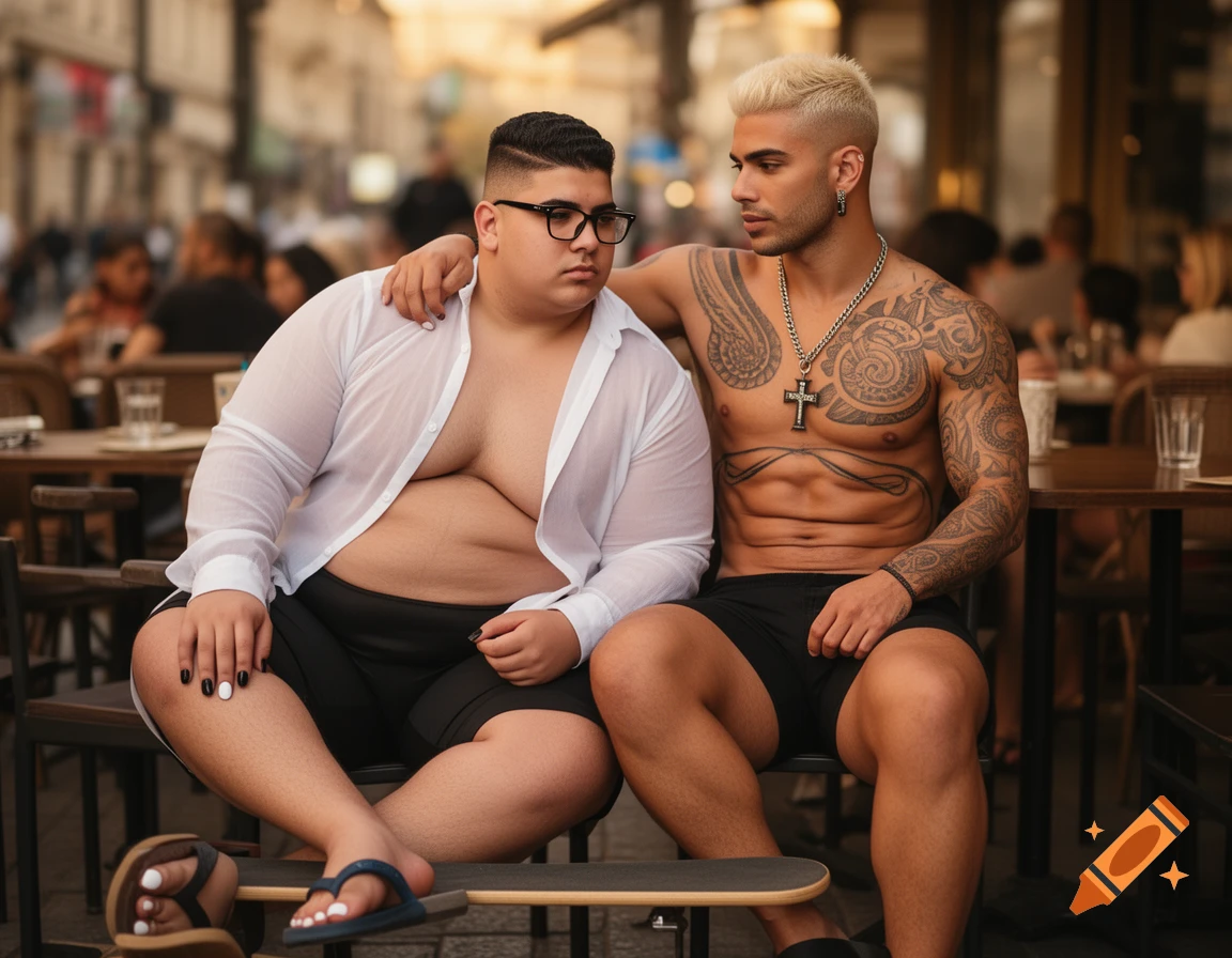 Two men, one larger and wearing an open white shirt, the other muscular with tattoos, embrace at an outdoor cafe.
