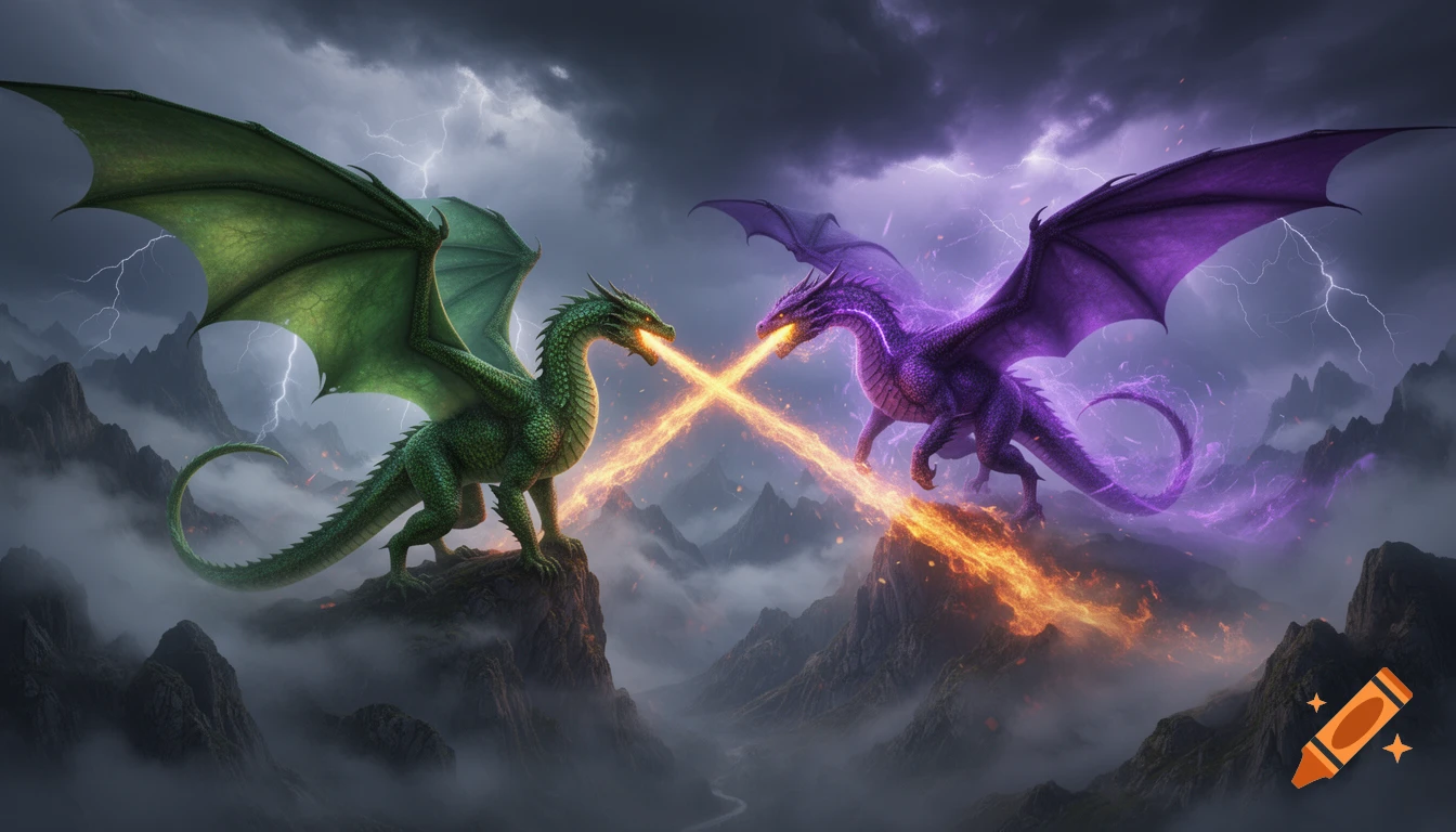 A green dragon and a purple dragon battle in stormy, misty mountains, their fiery breaths crossing.