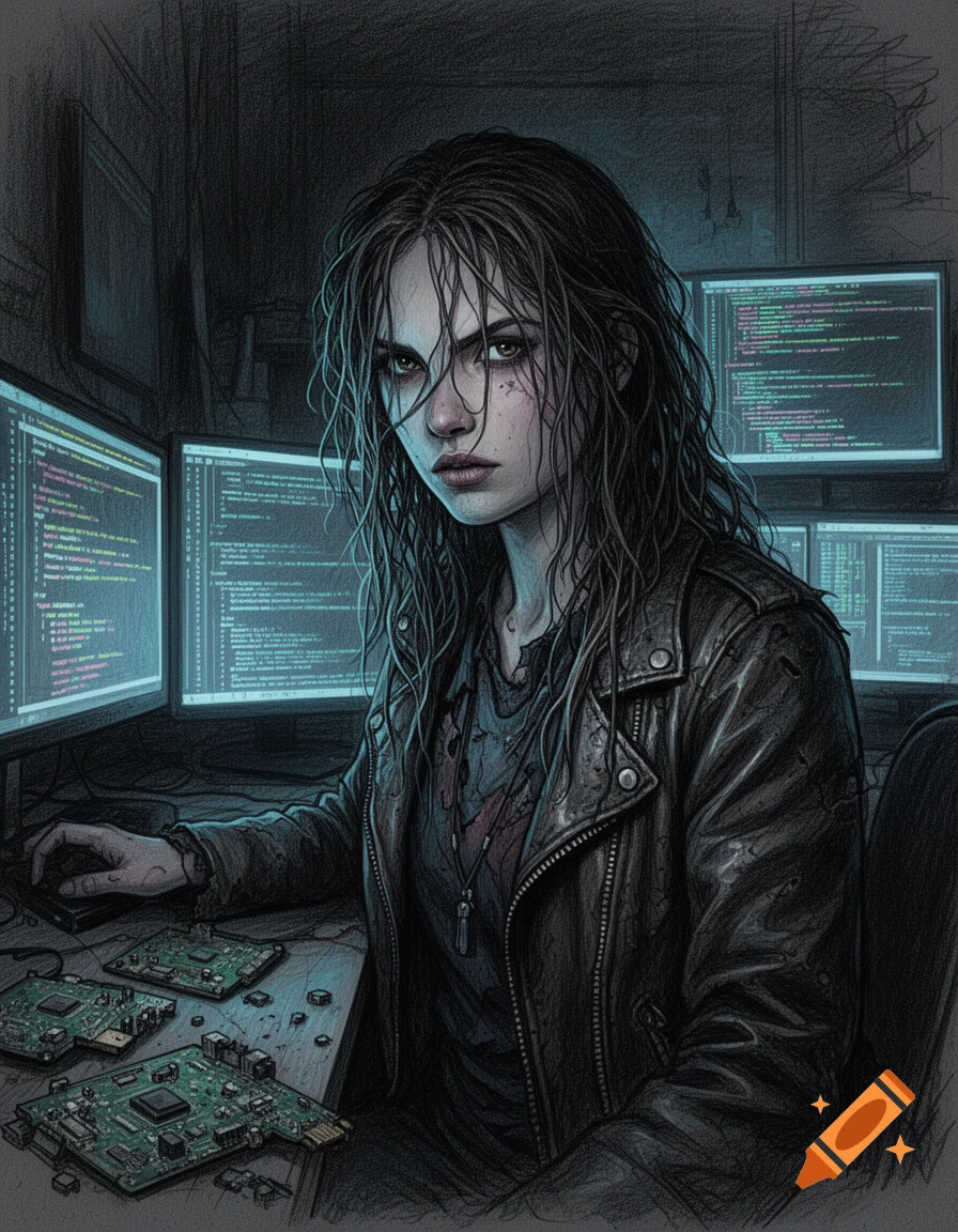 Sketchy drawing of a serious hacker girl with messy hair and a leather jacket, at a desk with glowing monitors and circuit boards.