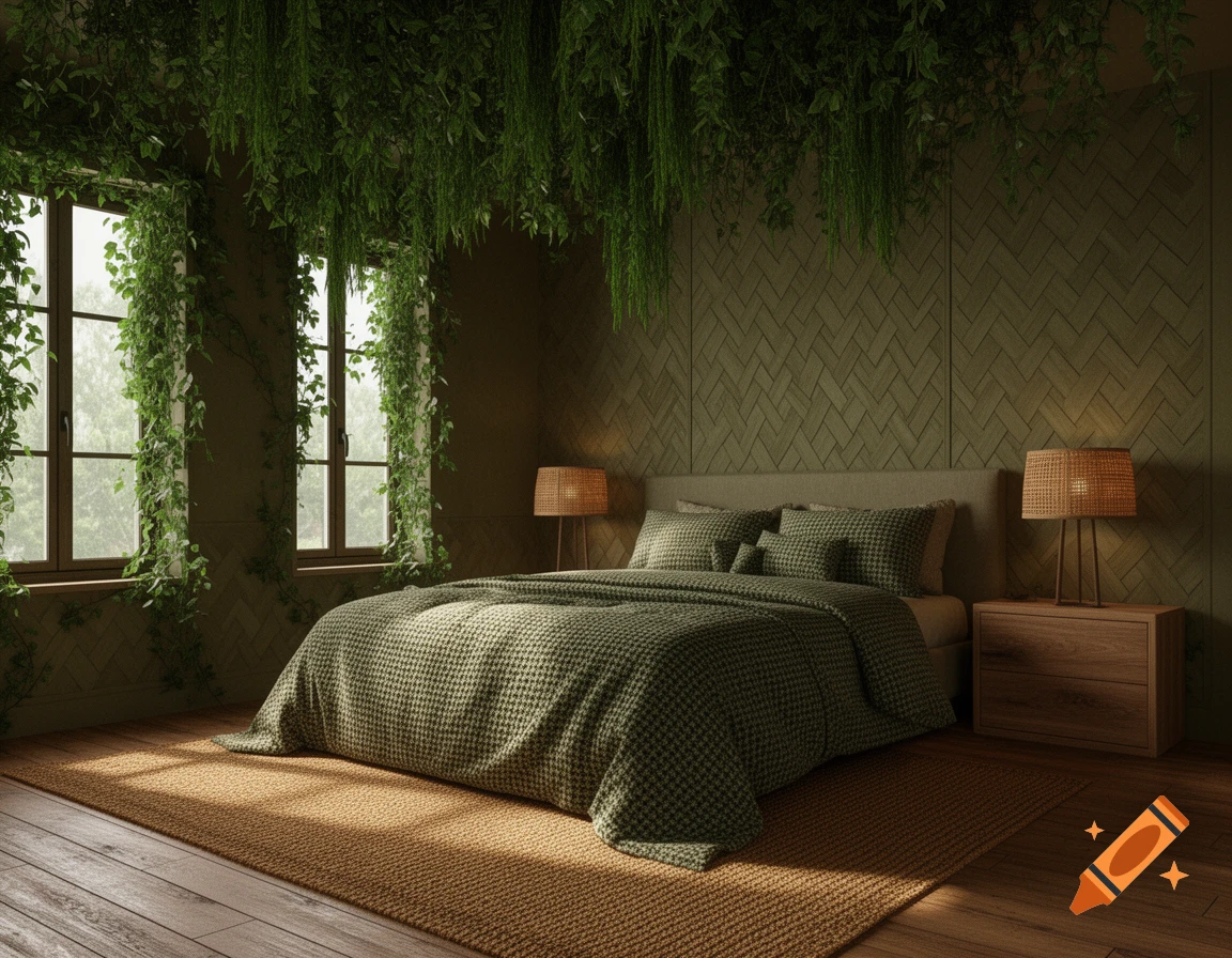 A nature-inspired bedroom with an olive green bed, green vines on walls and ceiling, two large windows, and woven lamps.
