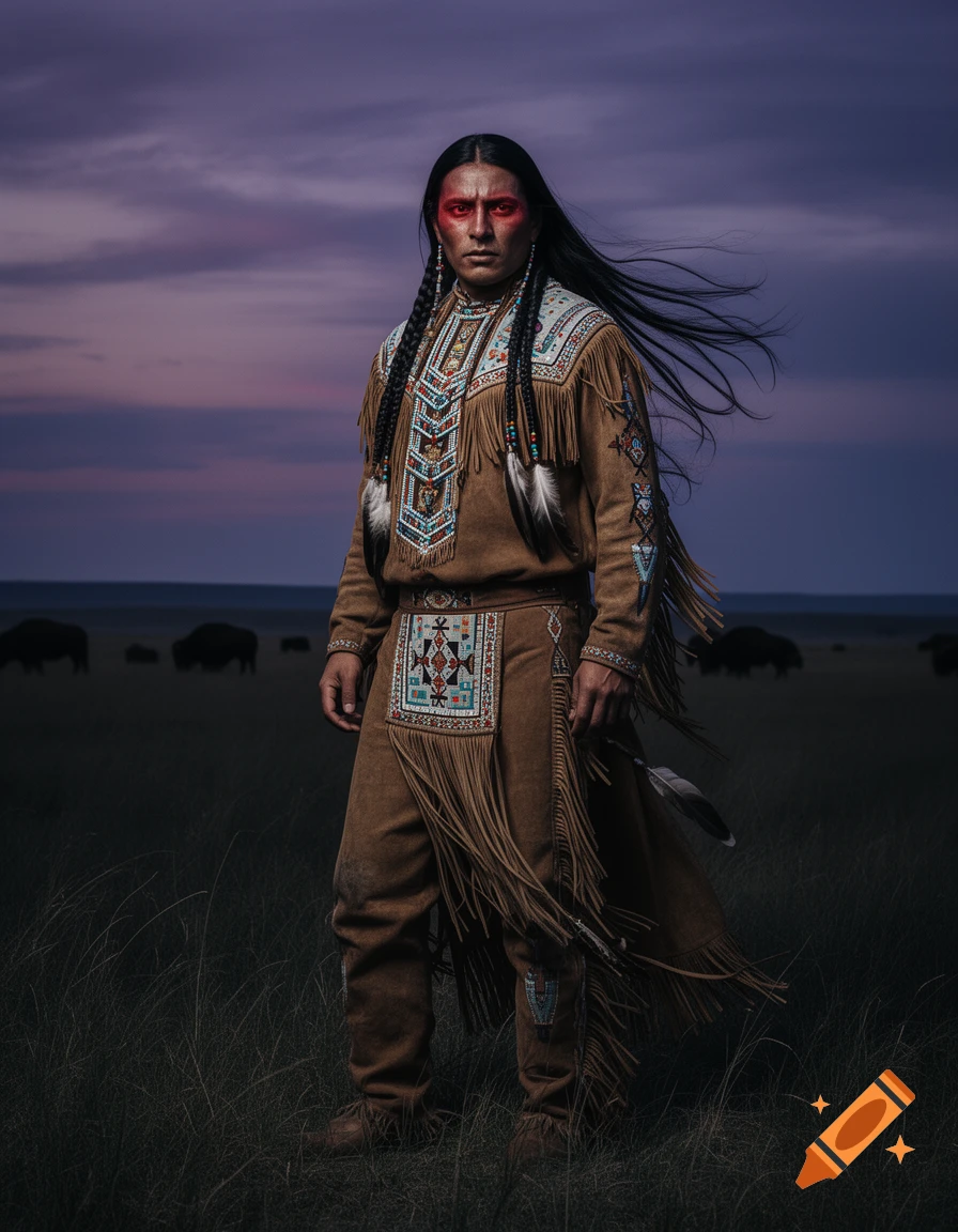 Photorealistic portrait of a Native American man in traditional fringed buckskin attire with braids and red face paint, standing in a field at sunset.