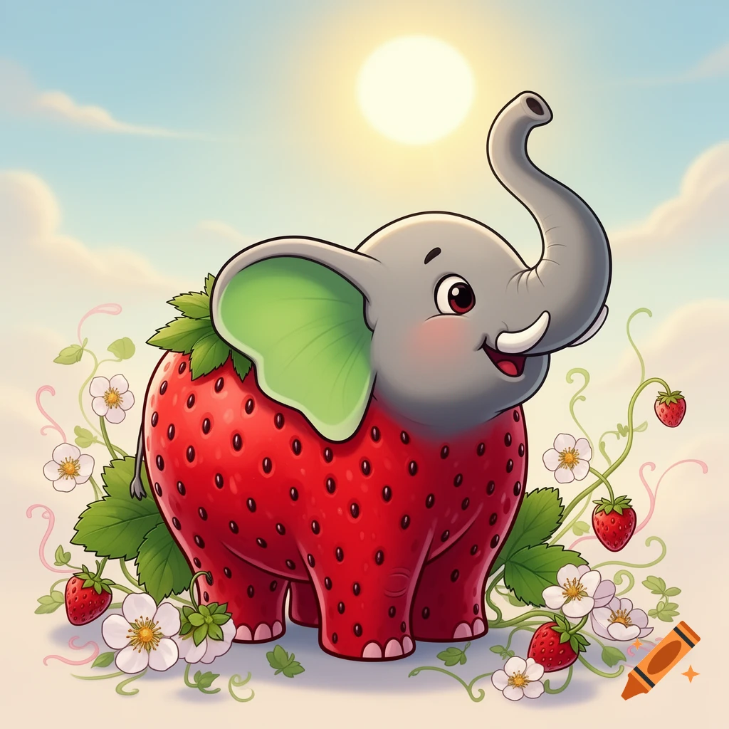 A happy cartoon elephant with a red strawberry body and green leaves on its back stands amidst strawberry plants with flowers and berries under a sunny sky.